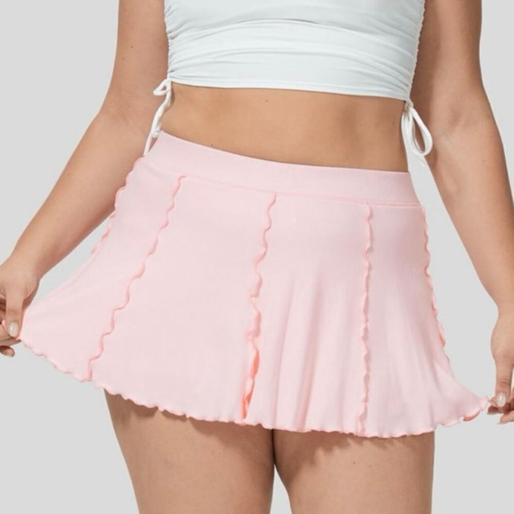 NWT Halara Womens Ribbed High Waist Contrast Trim Skirt Pink Large
